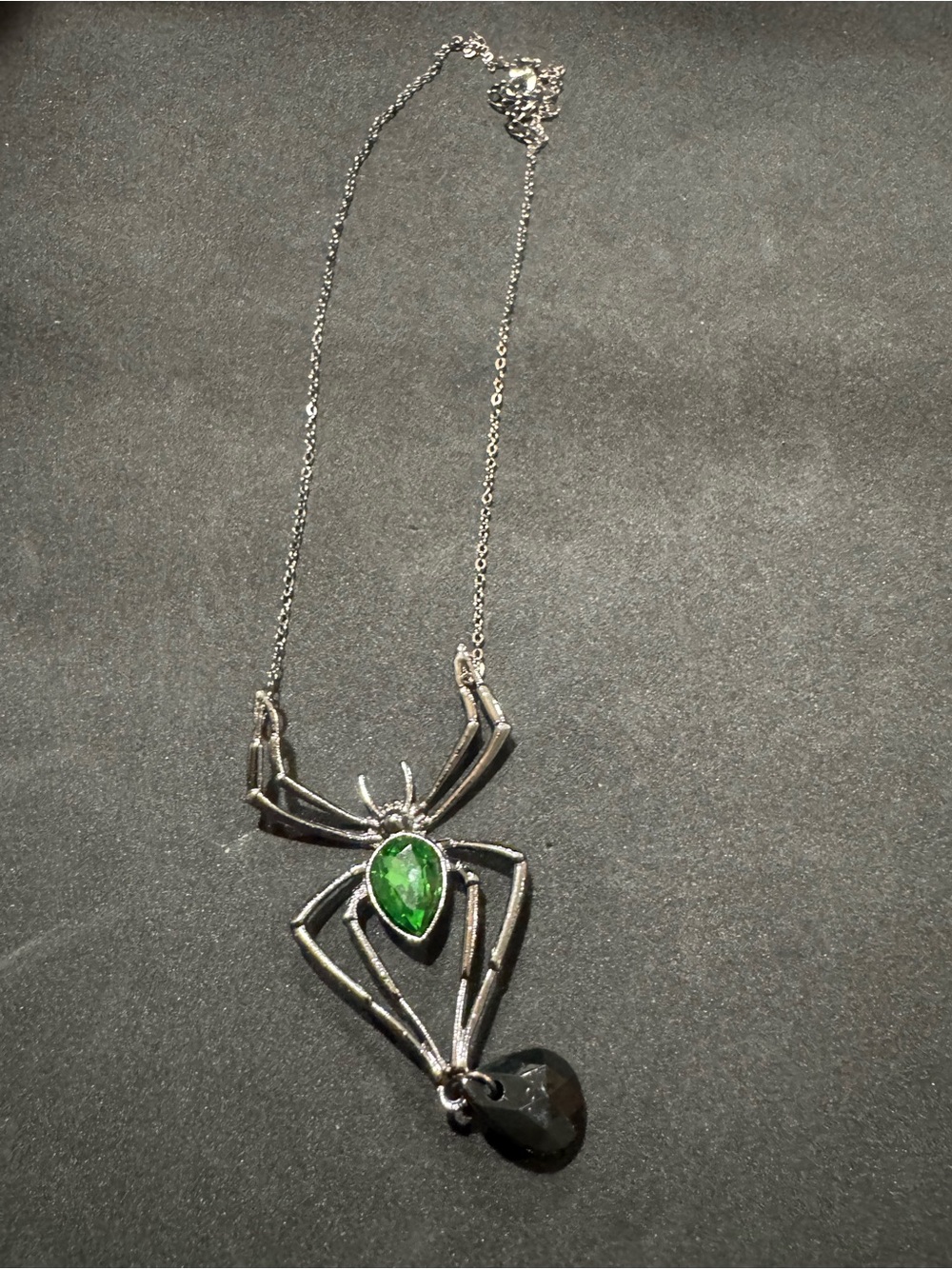 Silver Spider Pendant Necklace with Green Gemstone